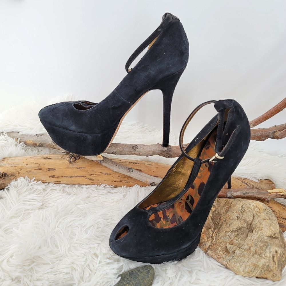 Sam edelman black suede leather peep toe platform heels